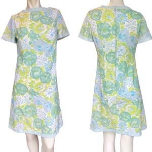 Vintage 60s Mod Handmade Green & Blue Floral High Neck Short Sleeve Sheath Dress